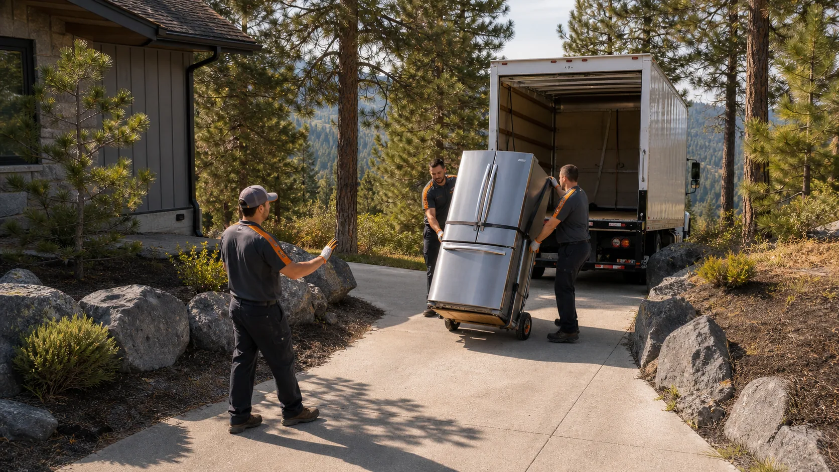 Spokane junk removal crew safely moving a refrigerator with an appliance dolly