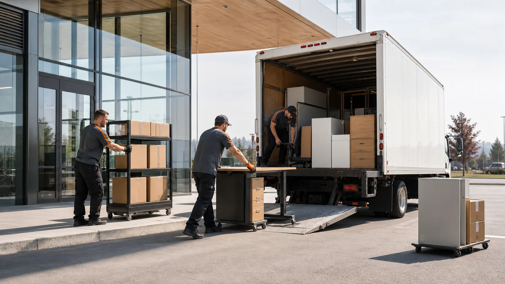 Crew loading office furniture and boxes into a commercial junk removal truck