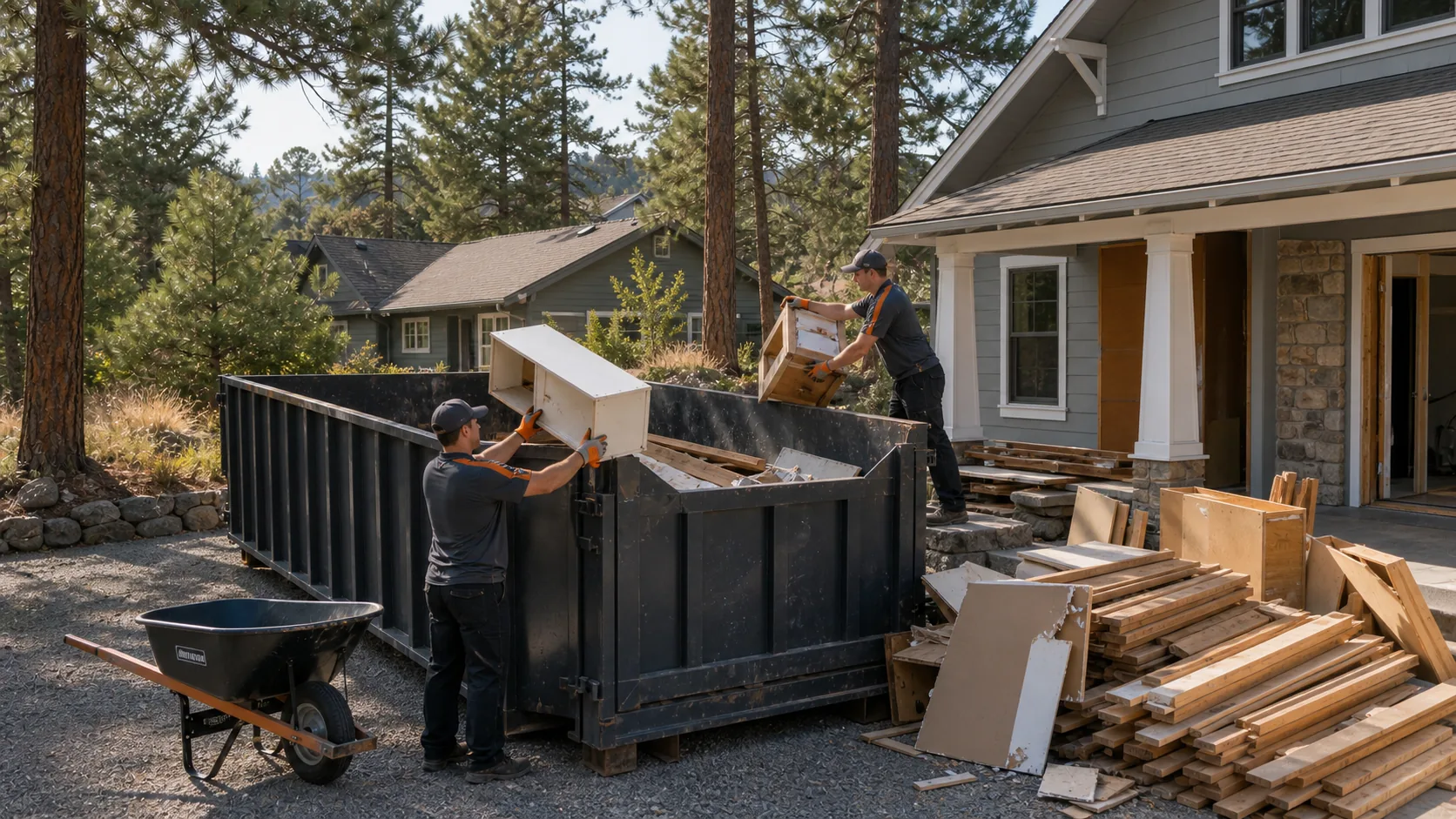 Crew loading non-hazardous remodel debris into a roll-off dumpster in Spokane