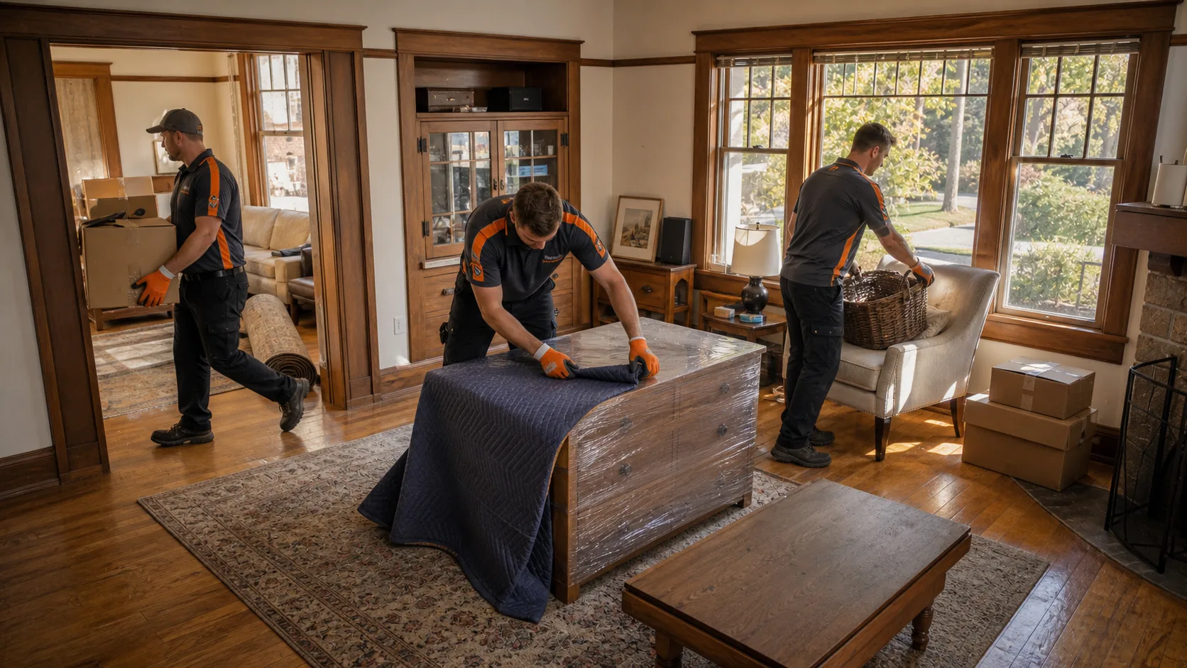 Crew carefully wrapping furniture and moving boxes during a Spokane estate cleanout