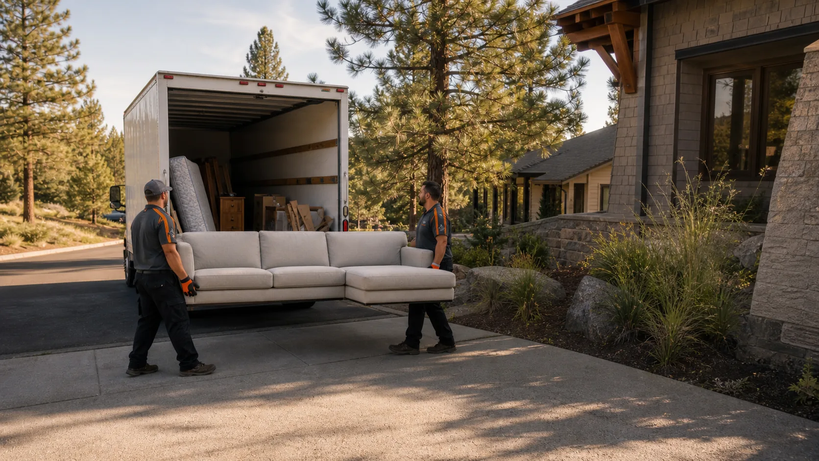 Spokane junk removal workers carrying a sectional sofa toward a box truck