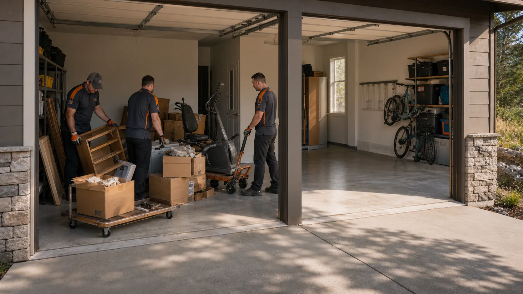 Junk removal crew clearing bulky clutter while reopening usable garage space