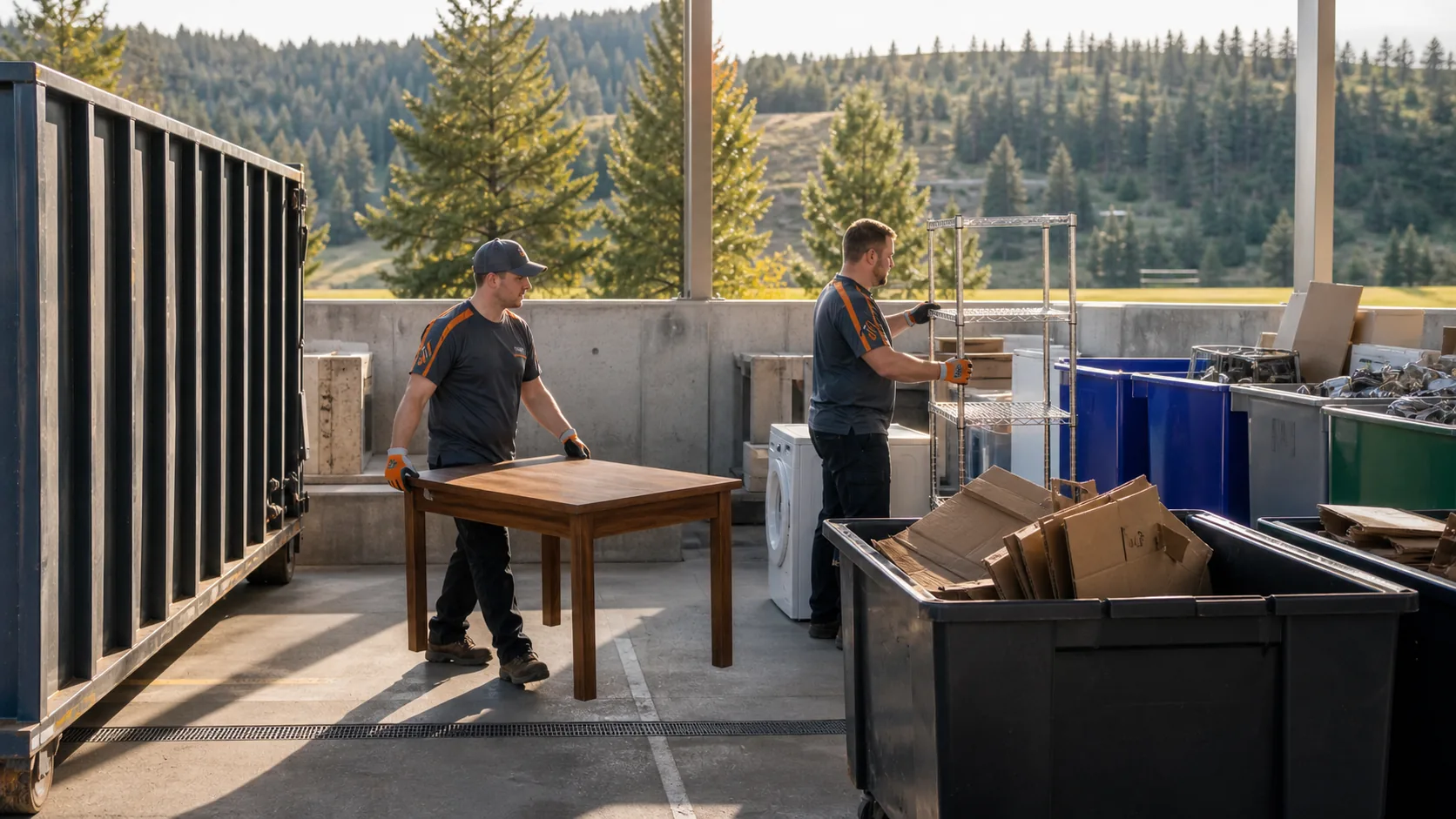 Crew separating reusable furniture, metal, cardboard and appliances for responsible handling