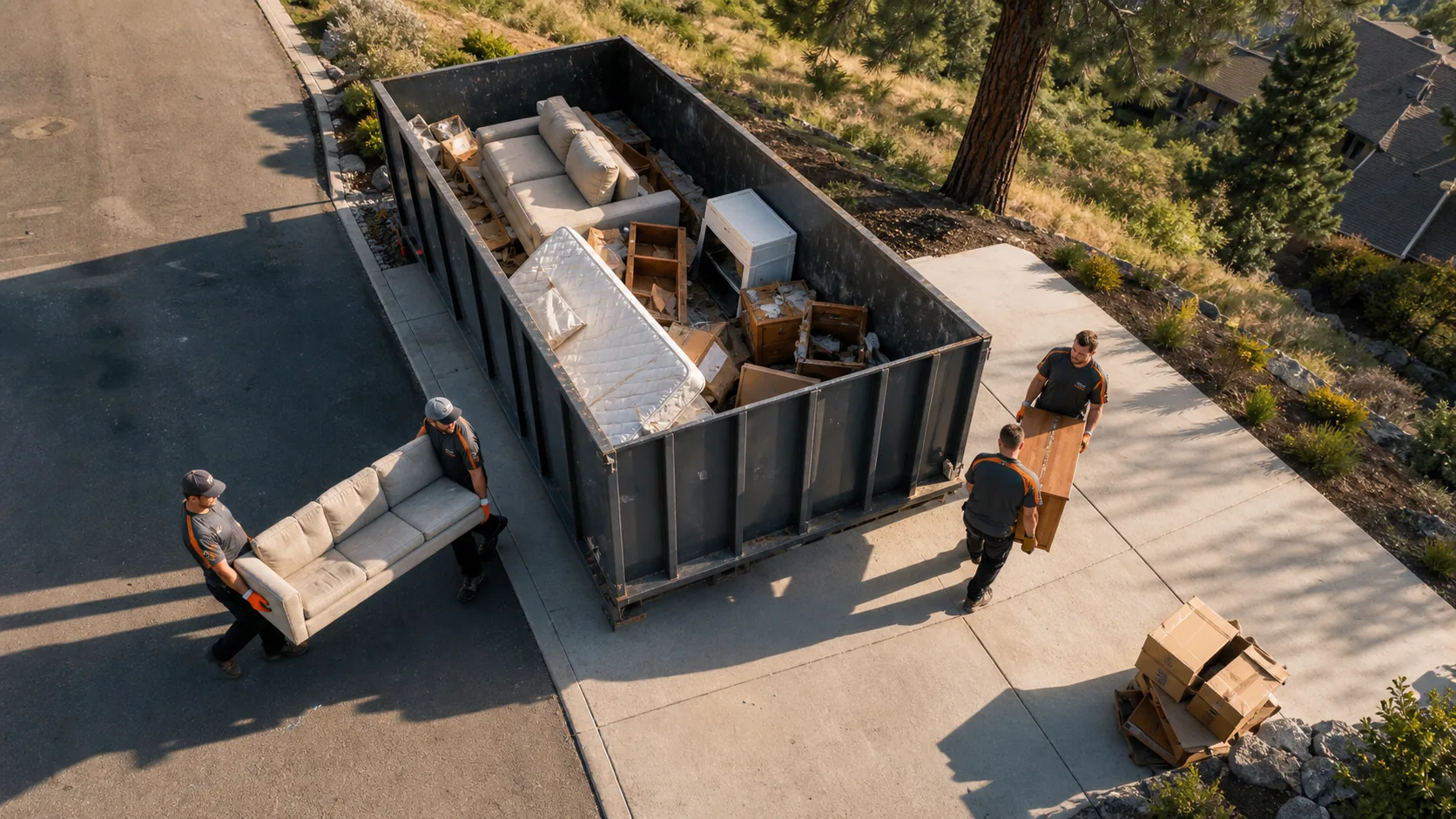 Overhead view of a Spokane junk removal crew filling a roll-off dumpster with bulky household items