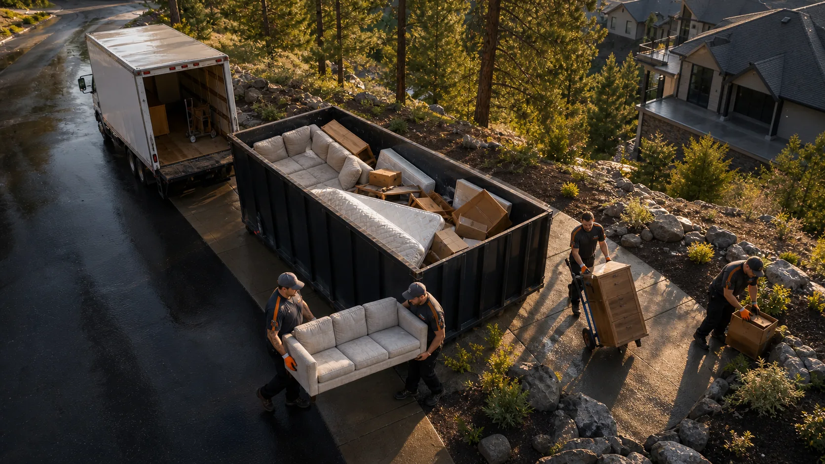 Spokane junk removal crew loading a roll-off dumpster during a residential property cleanout