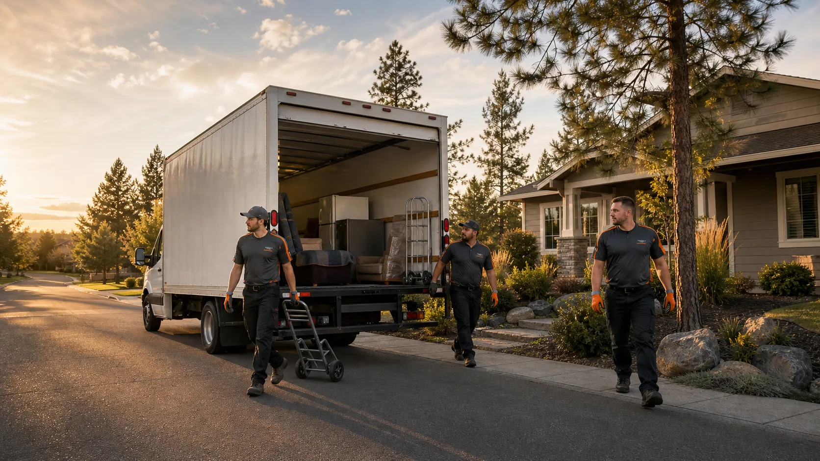 Local junk removal crew arriving with a box truck in a Spokane Valley neighborhood