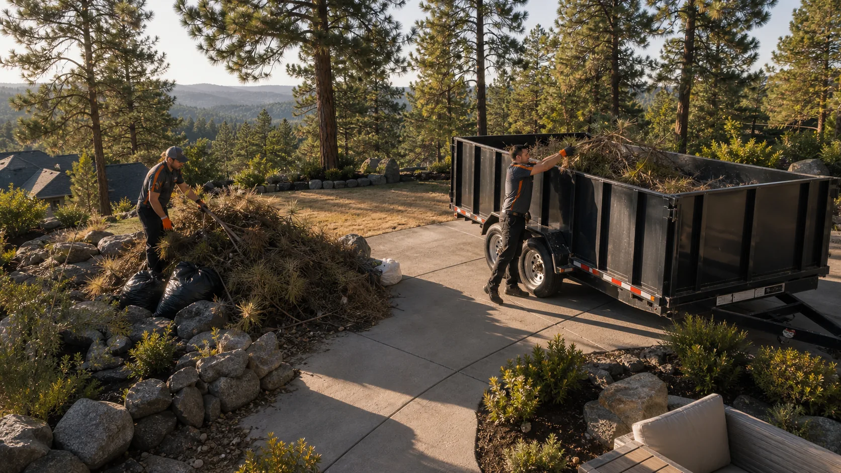Crew loading branches and seasonal yard debris into a dump trailer in Spokane
